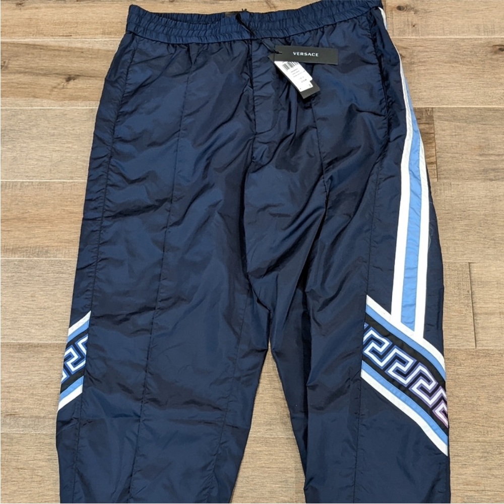 Versace Navy Track Pants with Geometric Stripes Men’s 36 waist